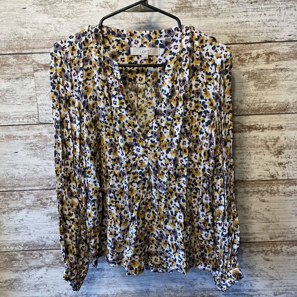 Loft Long Sleeve Floral V Neck Top Yellow Brown White Size XS - Picture 1 of 6